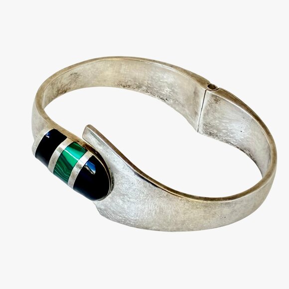 Sterling Silver 925 Bracelet Malachite + Onyx Hinged Bracelet Taxco Mexico 52 gr - Picture 9 of 16